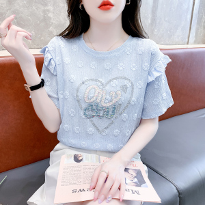 RM19216#夏季新款韩版圆领荷叶袖爱心字母烫钻甜美套头T恤上衣女
