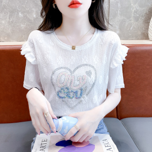 RM19216#夏季新款韩版圆领荷叶袖爱心字母烫钻甜美套头T恤上衣女