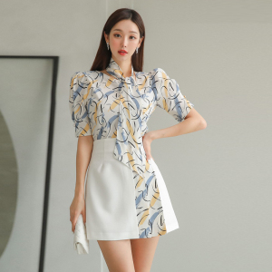 RM14727#新款韩版圆领飘带洋气几何图案印花上衣+拼色百褶A字半身裙