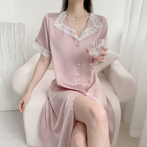 RM13596#夏季睡衣女冰雪丝薄款短袖开衫蕾丝花边性感甜美家居服睡裙