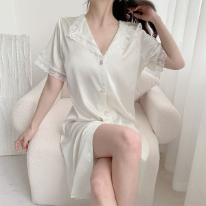 RM13596#夏季睡衣女冰雪丝薄款短袖开衫蕾丝花边性感甜美家居服睡裙