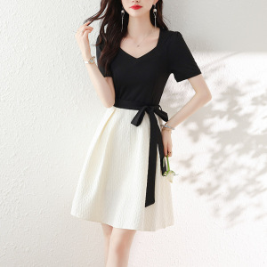 RM13586#赫本风连衣裙2023夏季韩版新款拼接高级假两件套修身小个子短裙女