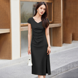 RM14022#高级感醋酸缎面短袖连衣裙女夏季新款职业设计感修身开叉中长裙子