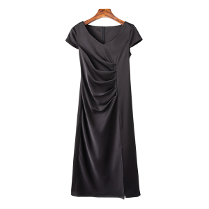 RM14022#高级感醋酸缎面短袖连衣裙女夏季新款职业设计感修身开叉中长裙子