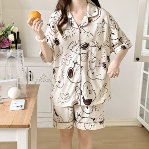 RM13598#夏季睡衣女针织泡泡绉布仿棉卡通翻领开衫短袖甜美家居服套装