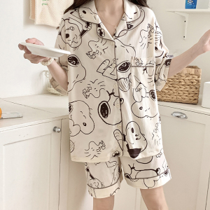 RM13598#夏季睡衣女针织泡泡绉布仿棉卡通翻领开衫短袖甜美家居服套装