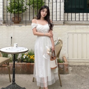 TR34841# 韩版INS一字肩两穿连衣裙子设计感复古长款显瘦赫本小白裙