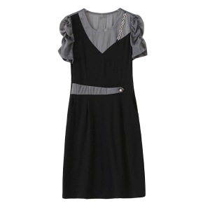 RM19113#夏装新款时尚修身短袖拼接圆领连衣裙