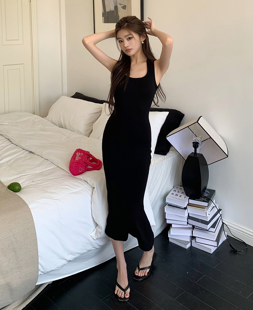 實拍2026春夏新款無袖方領背心連衣裙女修身包臀魚尾裙子