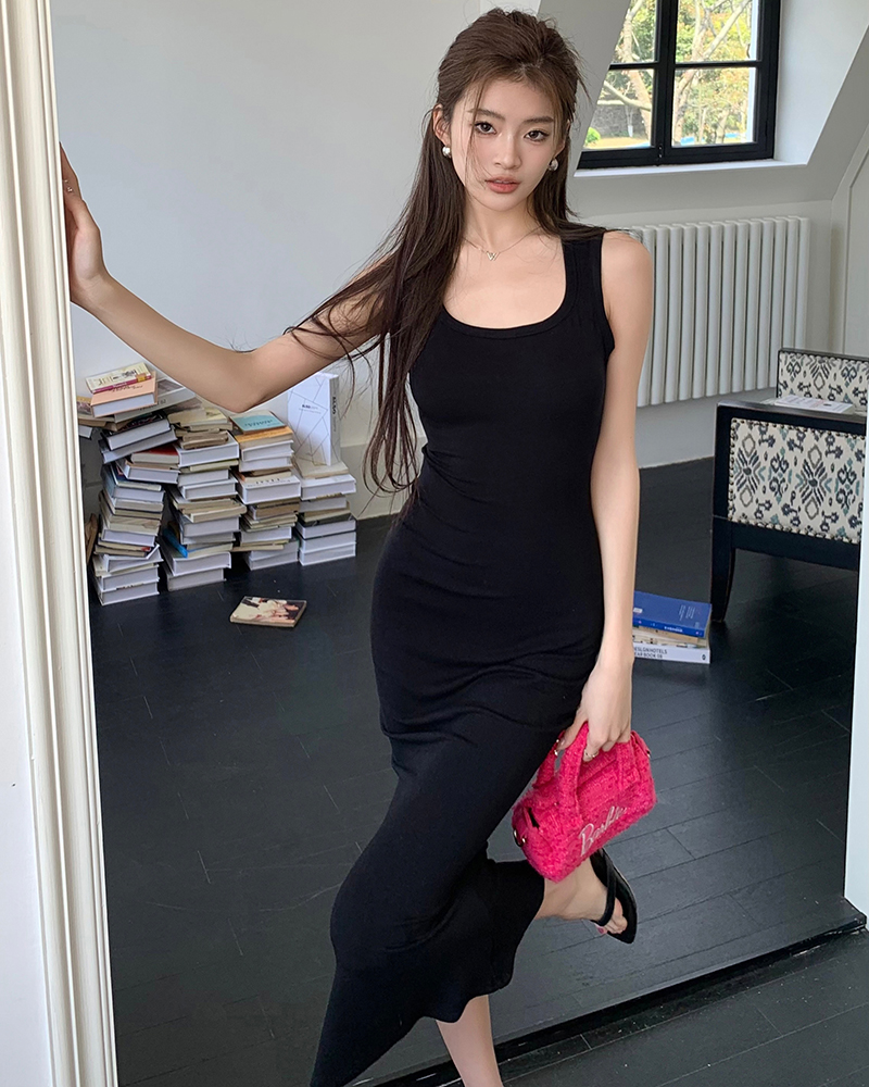 實拍2026春夏新款無袖方領背心連衣裙女修身包臀魚尾裙子