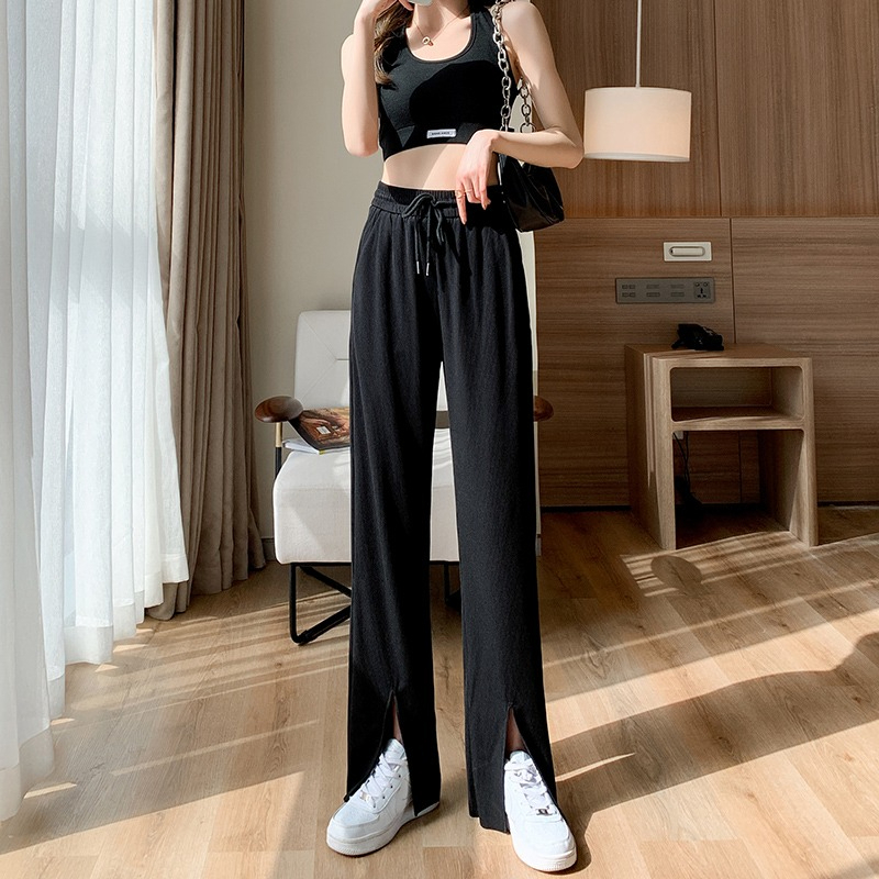 Fashion super hot ice silk wide-leg pants women's summer high waist hanging feeling small thin section slit straight tube floor mopping casual pants