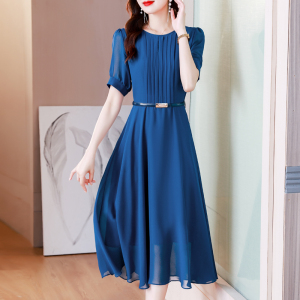 RM14815#夏新款流行裙子蓝色压褶连衣裙气质修身显瘦高级感中长款裙子