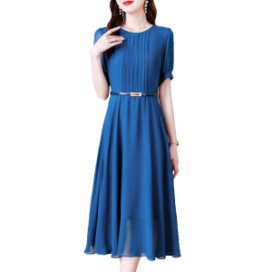 RM14815#夏新款流行裙子蓝色压褶连衣裙气质修身显瘦高级感中长款裙子