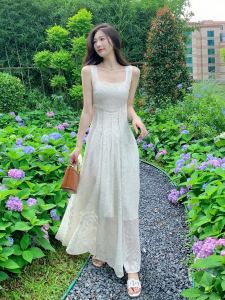 RM14393#夏季法式方领吊带无袖提花大裙摆蕾丝长裙收腰连衣裙女