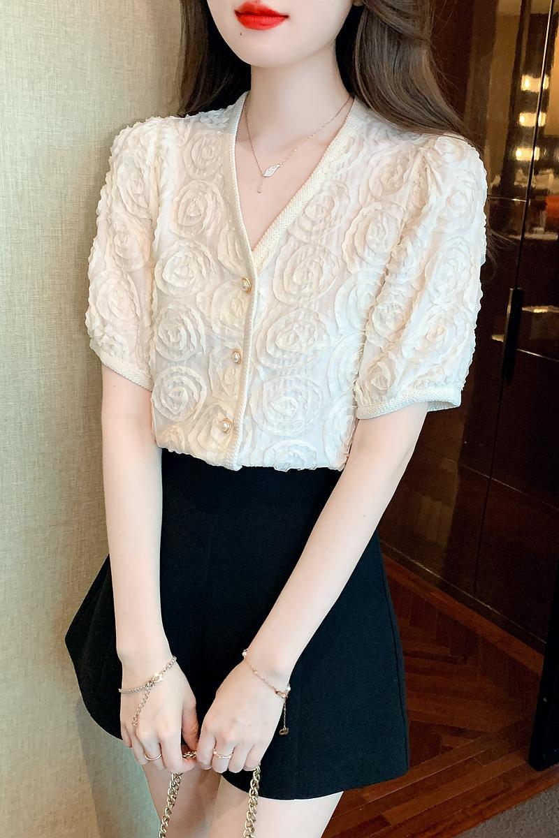 小香風上衣女V領短袖雪紡衫2026夏新款時尚氣質短款名媛洋氣小衫