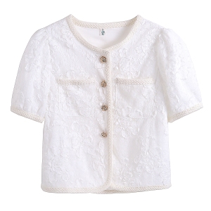RM13328#高级感蕾丝雪纺衫2023年气质短袖短外套夏季白色上衣