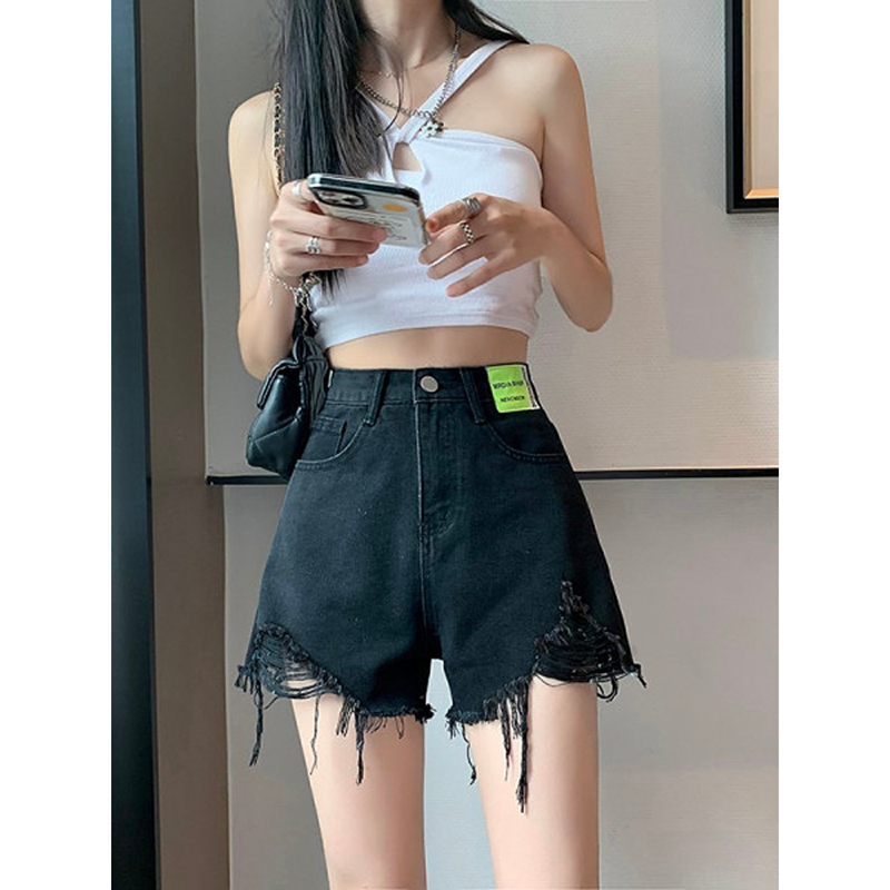 Raw edge ripped denim shorts for women summer new style pear-shaped high-waisted slimming high-waisted a-line hot pants