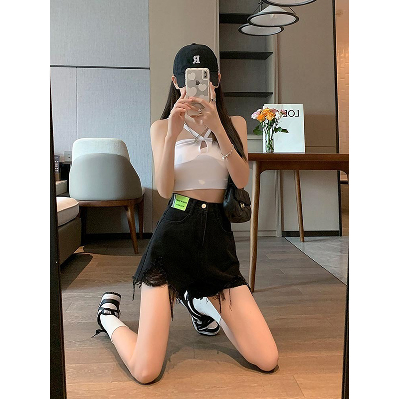 Raw edge ripped denim shorts for women summer new style pear-shaped high-waisted slimming high-waisted a-line hot pants