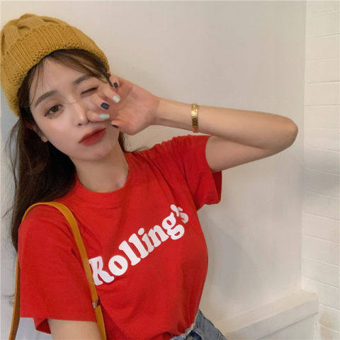 Short-sleeved t-shirt 2023 summer print all-match white round neck casual commuting short-sleeved