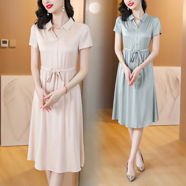 RM14043#夏装缎面真丝连衣裙洋气中老年新款纯色桑蚕丝裙子