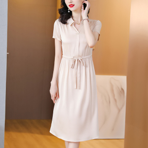 RM14043#夏装缎面真丝连衣裙洋气中老年新款纯色桑蚕丝裙子