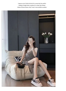 RM14880#圆领短袖连衣裙女春夏季2023新款时尚显瘦气质不规则法式开叉裙子