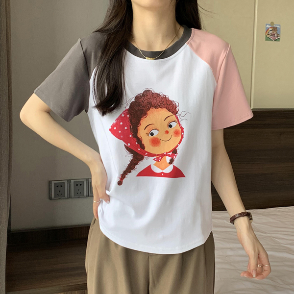 RM16931#短袖T恤女夏装新款拼色韩版百搭上衣女装