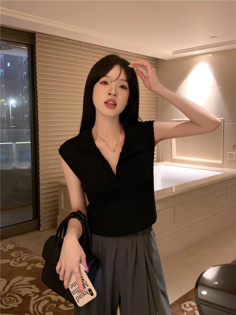 Real shot real price polo collar camisole women's summer new sleeveless black inner bottoming shirt top