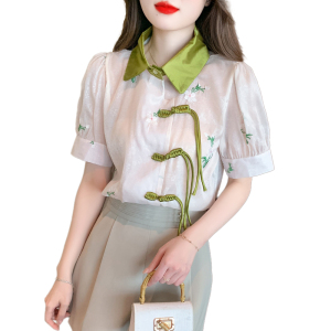 RM13462#新中式国风盘扣泡泡袖雪纺衫夏法式甜美刺绣气质上衣女