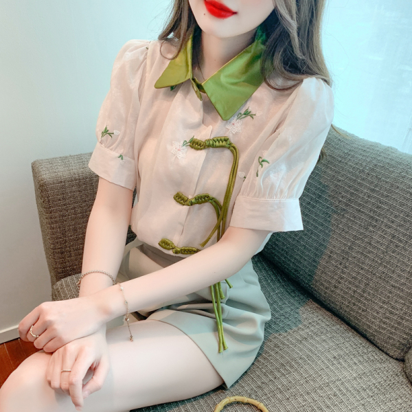 RM13462#新中式国风盘扣泡泡袖雪纺衫夏法式甜美刺绣气质上衣女