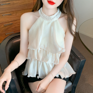 RM13463#韩版新款潮缎面雪纺衬衫时尚宽松中长款无袖上衣潮