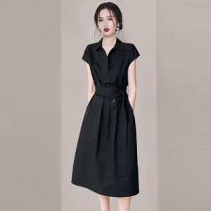 RM14660#复古高级感气质收腰连衣裙2023夏季新款女装法式修身小个子衬衫裙
