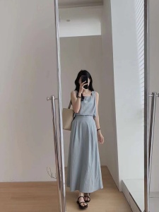 TR38810# 夏季韩简约棉麻小众设计感露背镂空中长裙无袖背心重工连衣裙 服装批发女装批发服饰货源