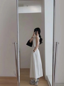 TR38810# 夏季韩简约棉麻小众设计感露背镂空中长裙无袖背心重工连衣裙 服装批发女装批发服饰货源