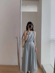TR38810# 夏季韩简约棉麻小众设计感露背镂空中长裙无袖背心重工连衣裙 服装批发女装批发服饰货源