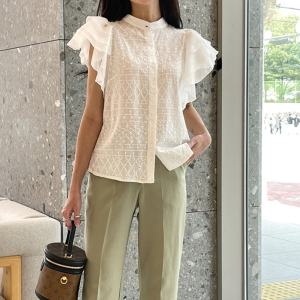 TR31905# 韩国夏季新款法式别致多层飞飞袖纯棉蕾丝上衣无袖衬衣女