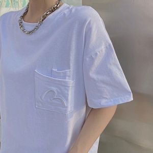 TR31725# 网红韩版夏季新款设计感宽松短袖T恤女中长款双口袋刺绣上衣