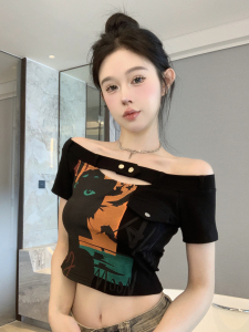 TR51861# 辣妹镂空设计一字肩百搭涂鸦短款T恤女夏季短袖上衣
