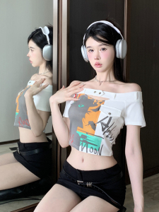 TR51861# 辣妹镂空设计一字肩百搭涂鸦短款T恤女夏季短袖上衣