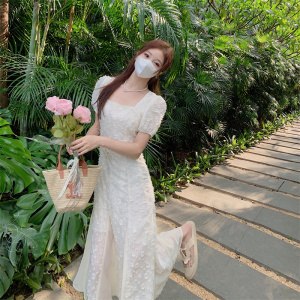 TR37118# 大码女装法式气质方领高级感收腰显瘦拼接鱼尾长裙 服装批发女装批发服饰货源