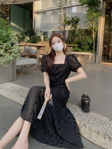 TR37118# 大码女装法式气质方领高级感收腰显瘦拼接鱼尾长裙 服装批发女装批发服饰货源