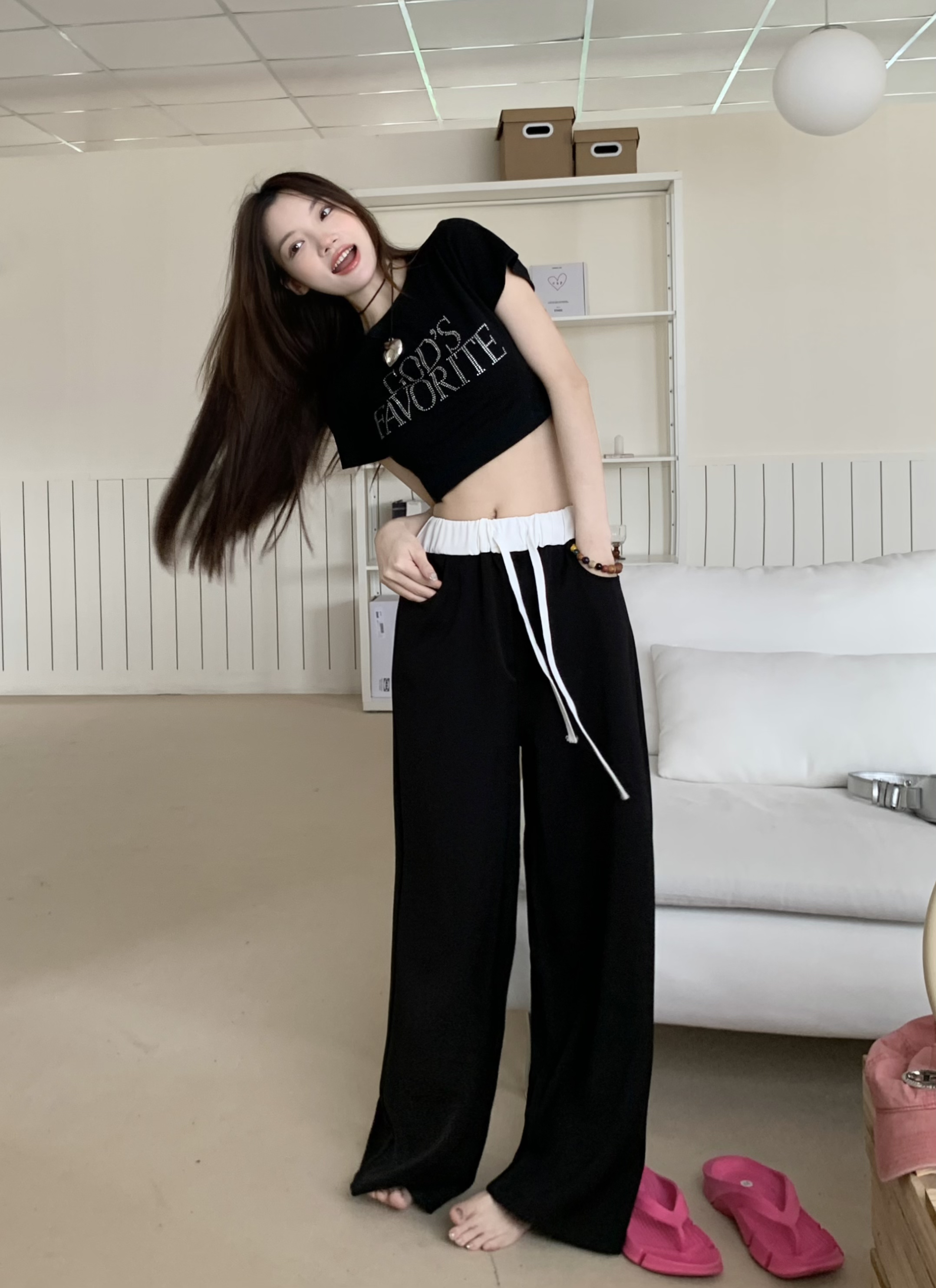 Real shot, real shot, black and pink fashionable casual suit pants, summer contrasting waist, slimming straight wide leg pants for women