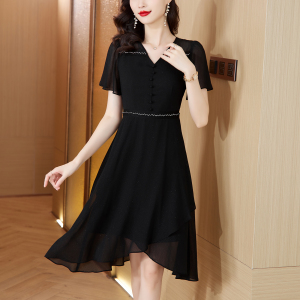 TR31910# 法式v领雪纺黑色正式场合连衣裙女夏季新款不规则裙
