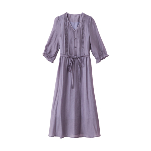 TR31912# 天丝连衣裙女夏装新款v领设计感减龄显瘦显白七分袖中长裙子