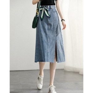 TR38369# 夏时尚休闲百搭系带开叉百搭通勤女式牛仔半裙带腰带 服装批发女装批发服饰货源
