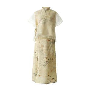 RM13494#兰亭序旗袍套装 新中式花鸟印花立领珠扣上衣半身裙