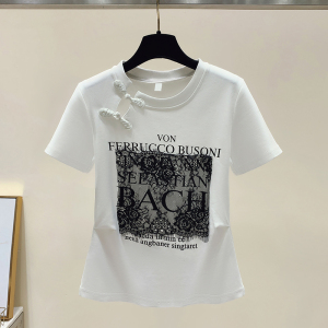 RM16103#白色短袖t恤女夏装2023新款设计感小众新中式盘扣拼接正肩上衣ins