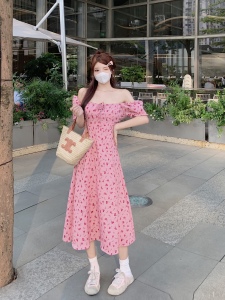 RM15185#新款u领粉色小碎花连衣裙女收腰显瘦温柔风气质夏季中长裙子