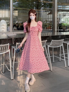 RM15185#新款u领粉色小碎花连衣裙女收腰显瘦温柔风气质夏季中长裙子