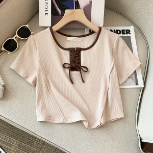 TR34776# 设计感方领绑带T恤女夏季韩版新款修身显瘦短款甜辣上衣